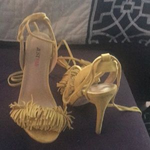 Yellow faux suede strappy heels